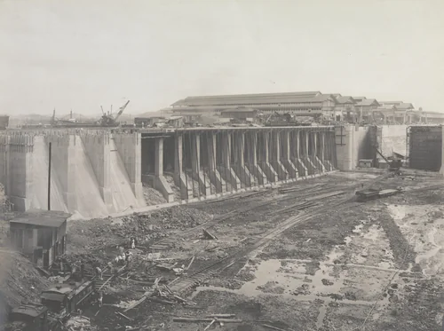 Balboa Terminals. Entrance Pier and Gates to Dry Dock #1. From Unloader Wharf by Unidentified Photographer, photograph, 1916