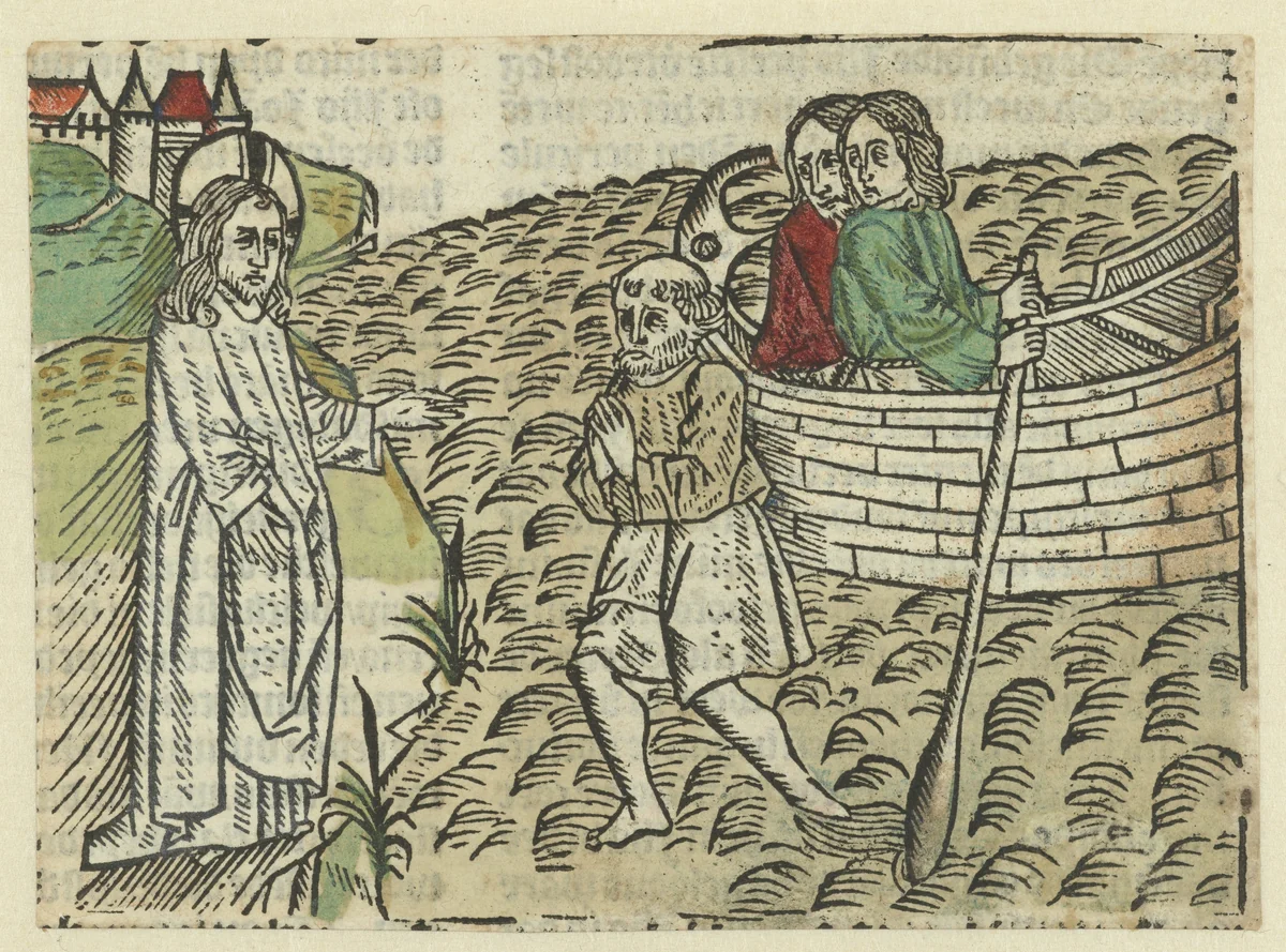 Petrus loopt op het water naar Christus by Unknown, print, 1485-1491