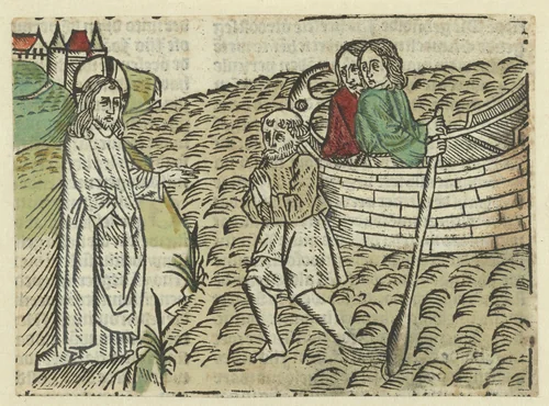 Petrus loopt op het water naar Christus by Unknown, print, 1485-1491