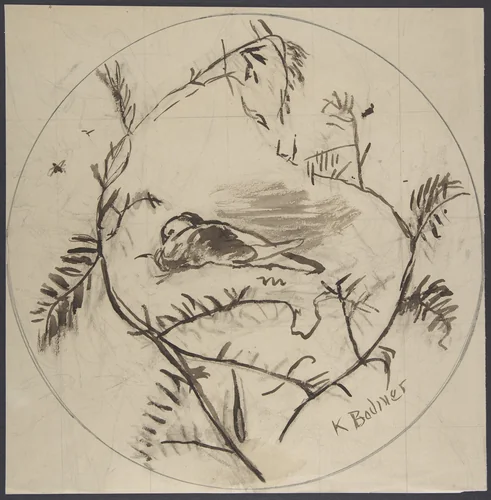 Design for a Plate Decorated with a Bird and Plant Motifs by Karl Bodmer, drawing, 1825-1893