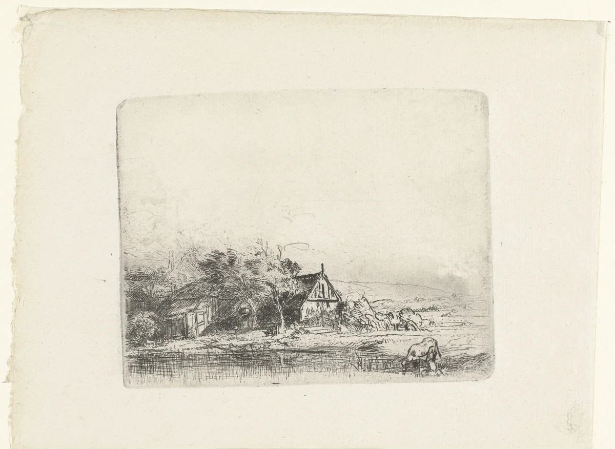 Landscape with a cow drinking by Rembrandt van Rijn, print, 1850-1906