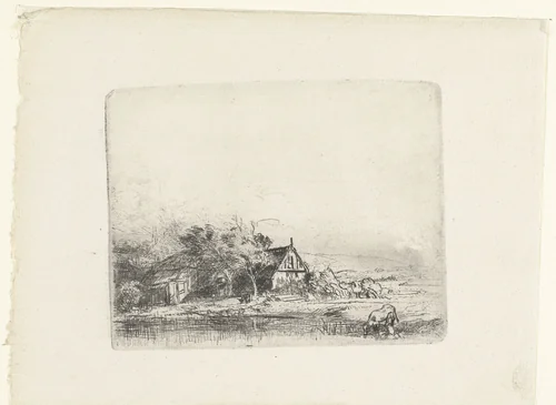 Landscape with a cow drinking by Rembrandt van Rijn, print, 1850-1906