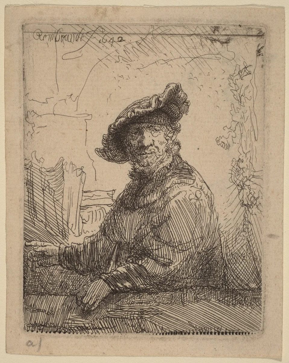 Man in an Arbor by Rembrandt van Rijn, print, 1642