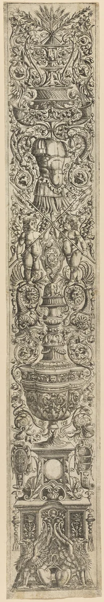 Griffins and Two Cupids Crossing Halberds, plate five of Twelve Ornament Panels by Giovanni Antonio da Brescia, print, 1500-1520