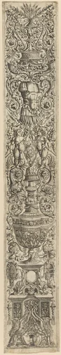 Griffins and Two Cupids Crossing Halberds, plate five of Twelve Ornament Panels by Giovanni Antonio da Brescia, print, 1500-1520