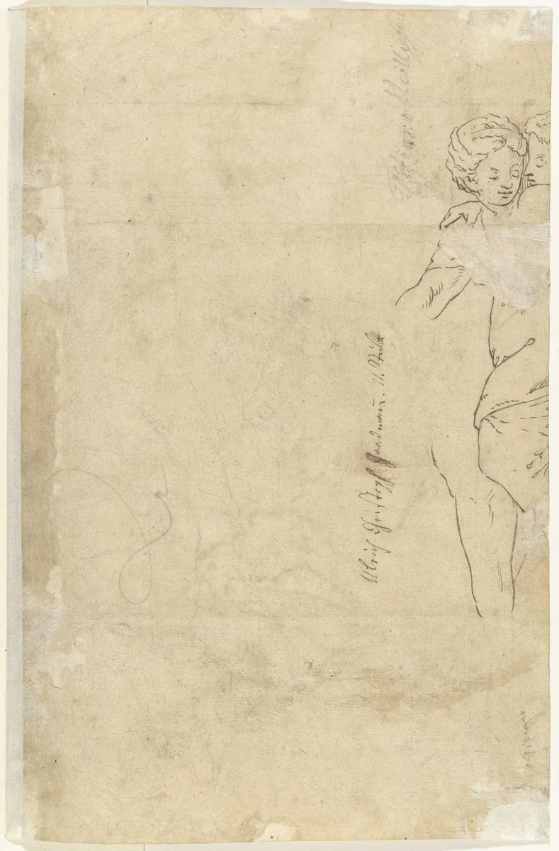 Fragment van een staande jonge vrouw die omhelsd wordt by anonymous, drawing, 1600-1699