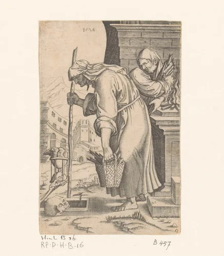 Oude vrouw bij een graf by Unknown, print, 1528