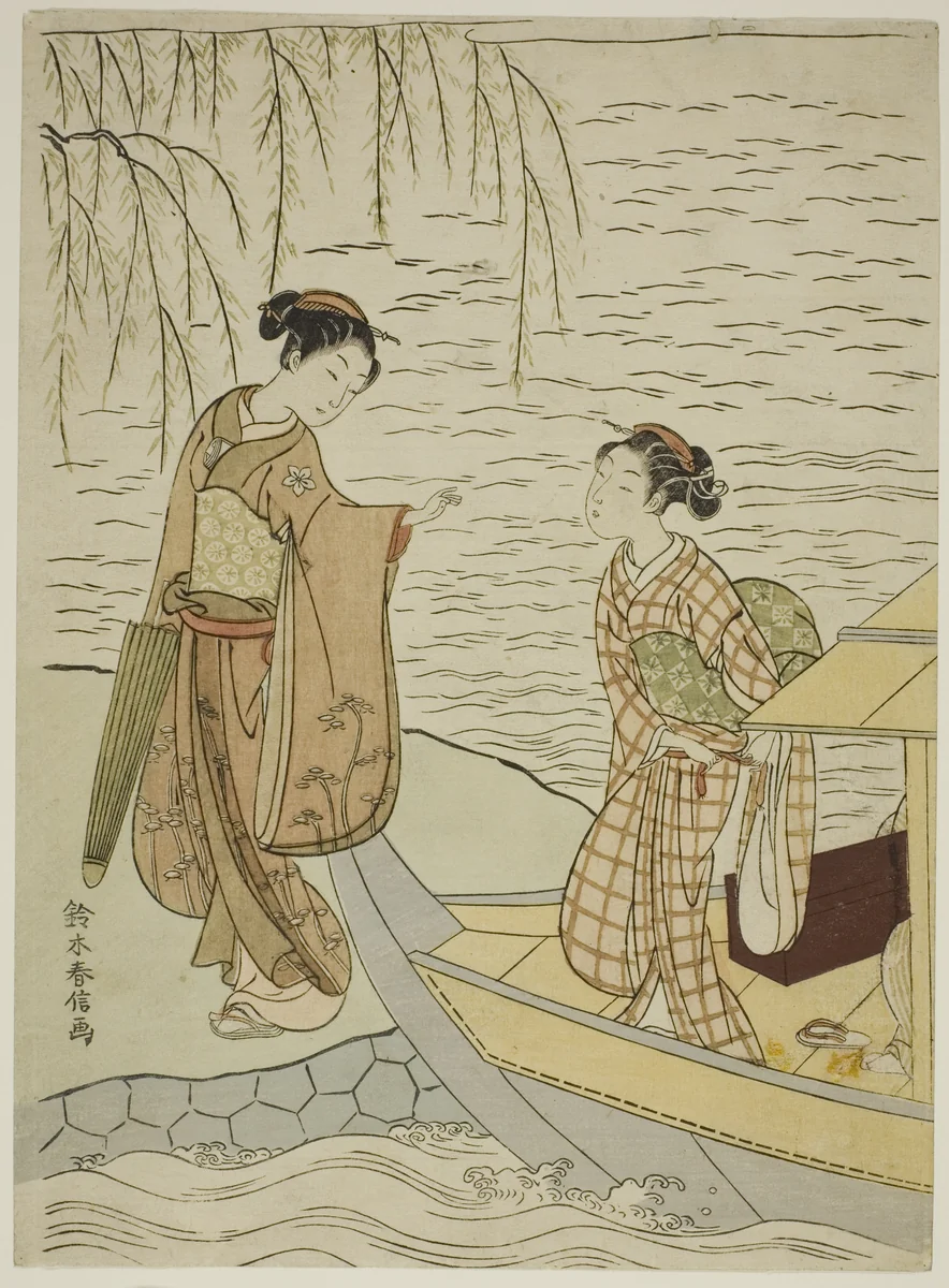 Two Girls Leaving a Boat by Suzuki Harunobu (鈴木春信), print, 1762-1770