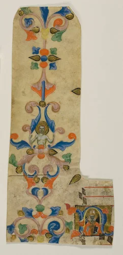 Bishop Saint Zenobius in a Historiated Initial "N" with Decorated Border from a Laudario by Master of the Dominican Effigies, painting, 1335-1345