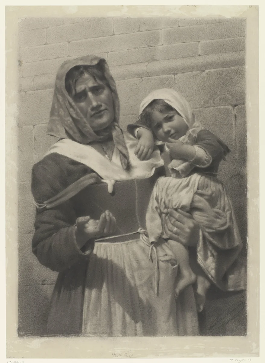 Bedelende moeder met kind op de arm by Aurelia Marucci, drawing, 1800-1900