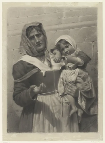 Bedelende moeder met kind op de arm by Aurelia Marucci, drawing, 1800-1900
