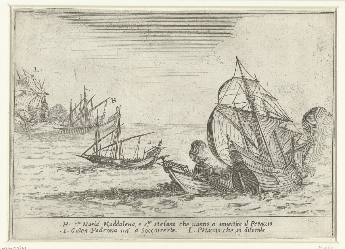 Galeien van Cosimo II de' Medici vallen een Turkse petache aan by Jacques Callot, print, 1617