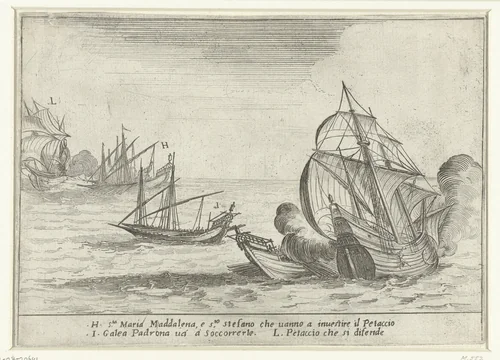 Galeien van Cosimo II de' Medici vallen een Turkse petache aan by Jacques Callot, print, 1617