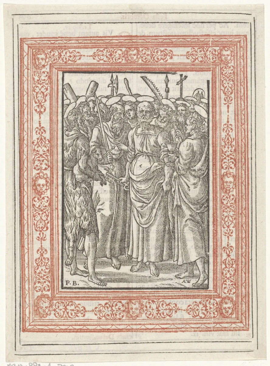 Petrus, Johannes, Paulus en Johannes de Doper door andere heiligen omgeven by Unknown, print, 1571-1632