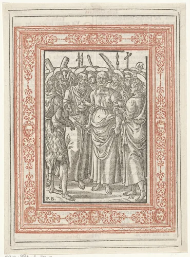 Petrus, Johannes, Paulus en Johannes de Doper door andere heiligen omgeven by Unknown, print, 1571-1632