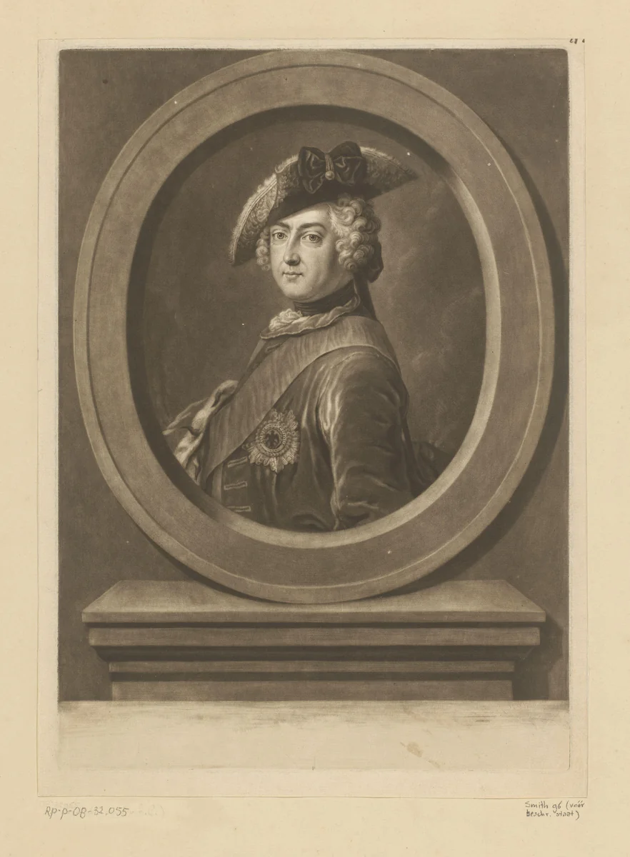 Portret van Frederik de Grote by Richard Houston, print, 1731-1775
