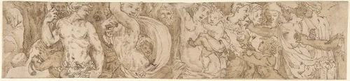 Procession (left-hand portion of border below Sacrifice of Isaac, inlaid-marble pavement, Siena Cathedral) by Domenico Beccafumi, drawing, 1520-1550