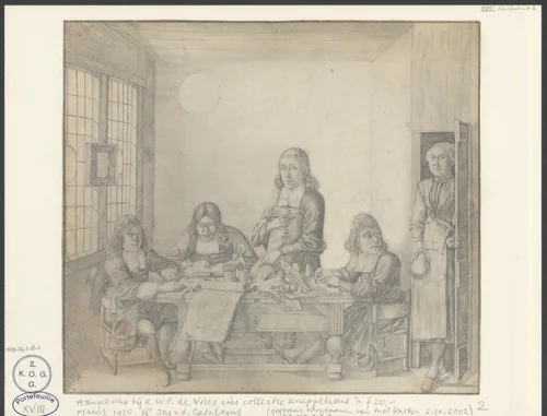 Leerlingen tekenen aan tafel by anonymous, drawing, 1650-1799