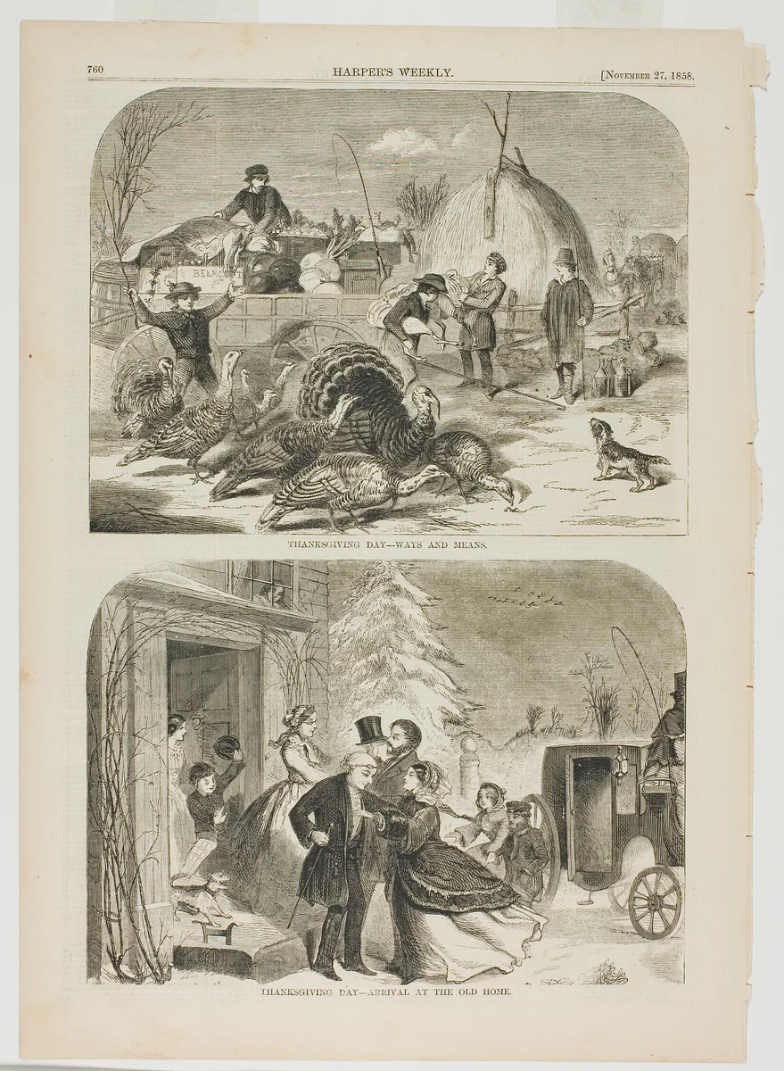 Thanksgiving Day—Ways and Means and Thanksgiving Day—Arrival at the Old Home by Winslow Homer, print, 1858