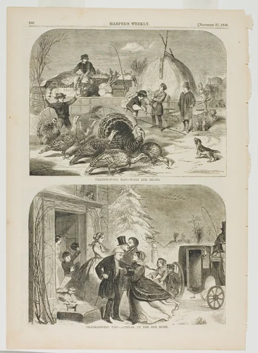 Thanksgiving Day—Ways and Means and Thanksgiving Day—Arrival at the Old Home by Winslow Homer, print, 1858