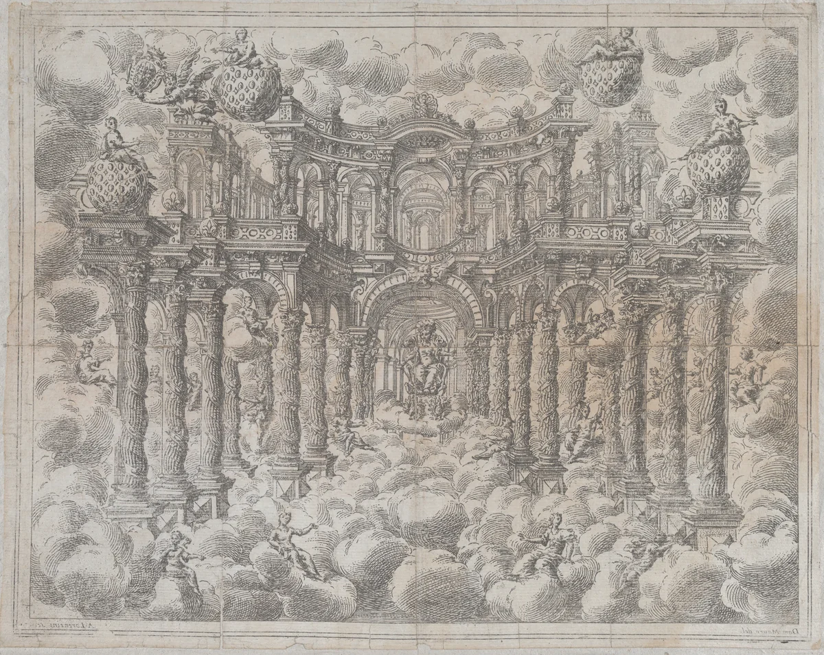 Plate 2 [counterproof]; stage set with allegorical figures seated among the clouds, with a large colonnade in the background; from Aurelio Aureli's "Il Favore De Gli Dei" by Gianantonio Lorenzini, print, 1690