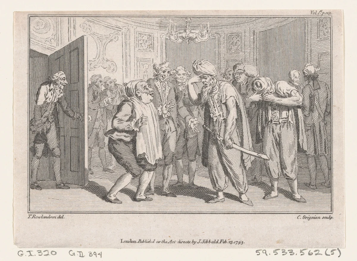 The Duke of N-'s Levée, an illustration from Tobias Smollett's "The Expedition of Humphry Clinker" (London, 1793), Vol. 1 by Charles Grignion, print, 1793