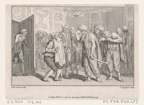 The Duke of N-'s Levée, an illustration from Tobias Smollett's "The Expedition of Humphry Clinker" (London, 1793), Vol. 1 by Charles Grignion, print, 1793