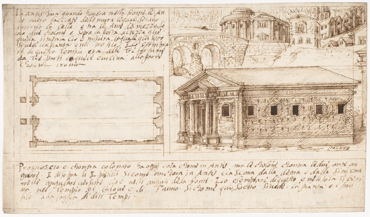 Recto: Temple Types: in Antis and Prostyle (Vitruvius, Book 3, Chapter 2, nos. 2, 3); Verso: Temple Types: Peripteral (Vitruvius, Book 3, Chapter 2, no. 5). by Sangallo family, manuscript, 1530-1545