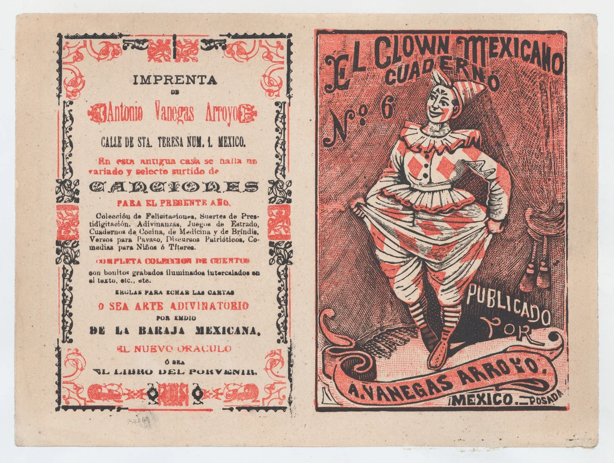 Cover for 'El Clown Mexicano: Cuaderno No. 6', a clown tugging at his pants by José Guadalupe Posada, print, 1889-1899