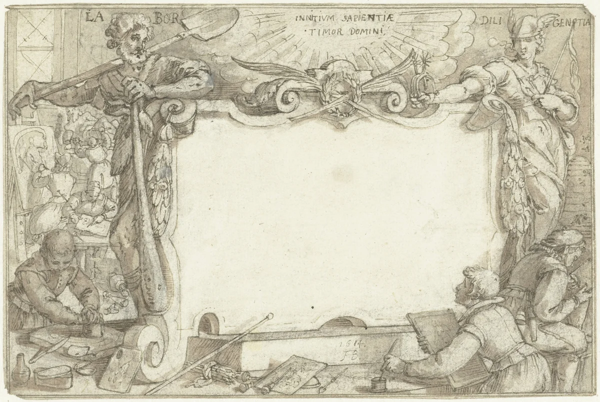 Titelpagina met Arbeid (Labor) en Vlijt (Diligentia) voor kunstenaarsatelier by Augustin Braun, drawing, 1614