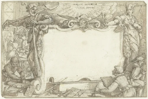 Titelpagina met Arbeid (Labor) en Vlijt (Diligentia) voor kunstenaarsatelier by Augustin Braun, drawing, 1614