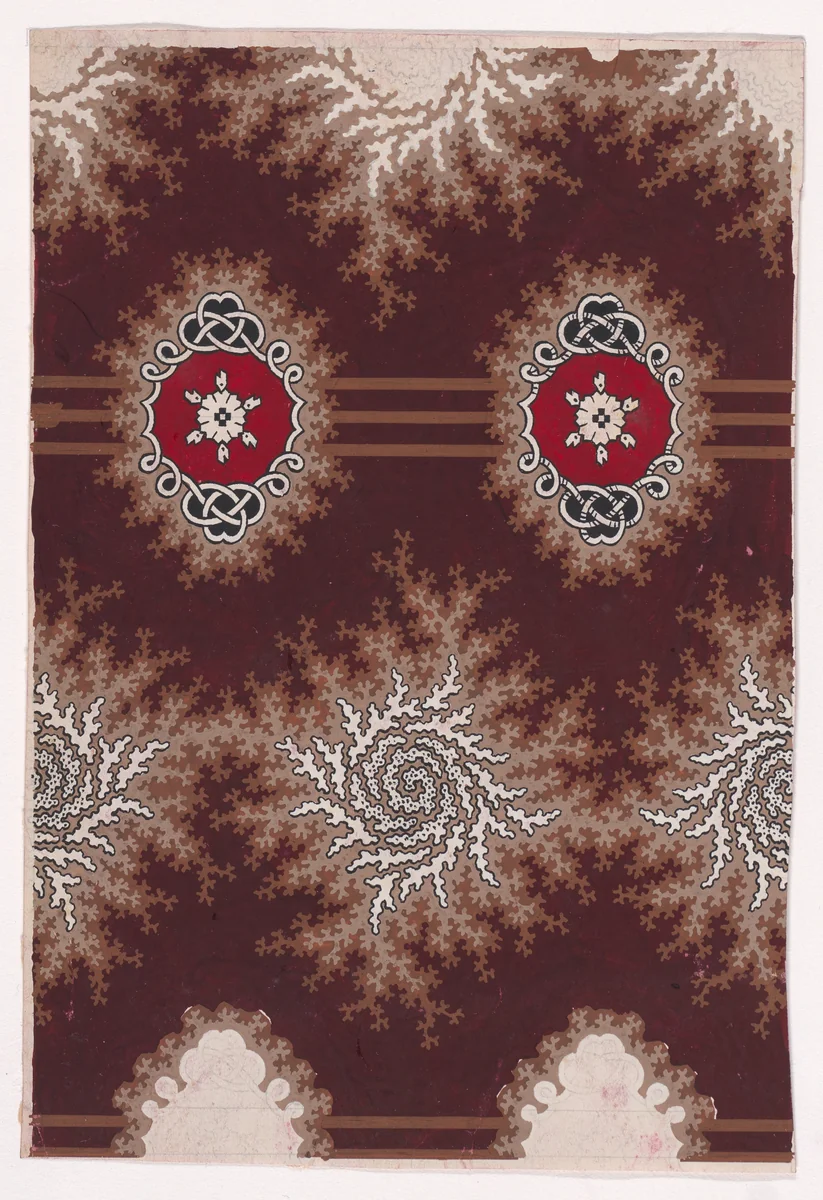 Textile Design with Alternating Horizontal Garlands of Branches with Abstract Swirls and Rosettes Flanked by Stylized Leaves and Framed by an Interlaced Ornamental Motif by anonymous, drawing, 1840