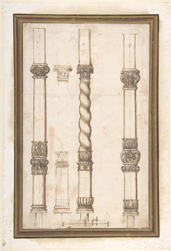 Four Designs for Pillars by anonymous, drawing, 1700-1800