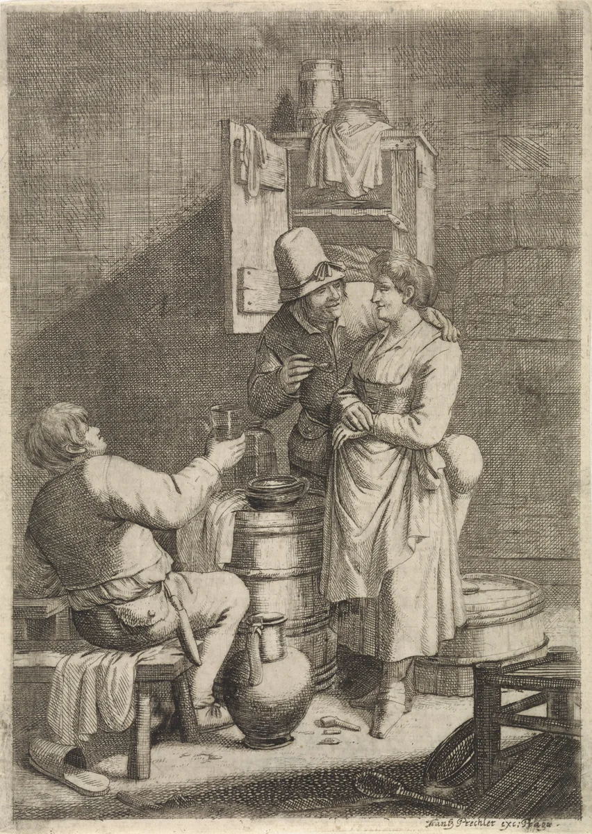 Boerenpaar en een man met een glas by Justus van den Nijpoort, print, 1635-1692
