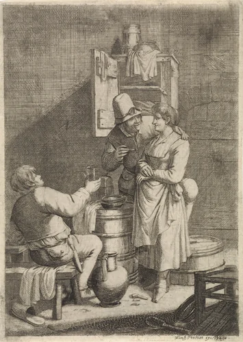 Boerenpaar en een man met een glas by Justus van den Nijpoort, print, 1635-1692