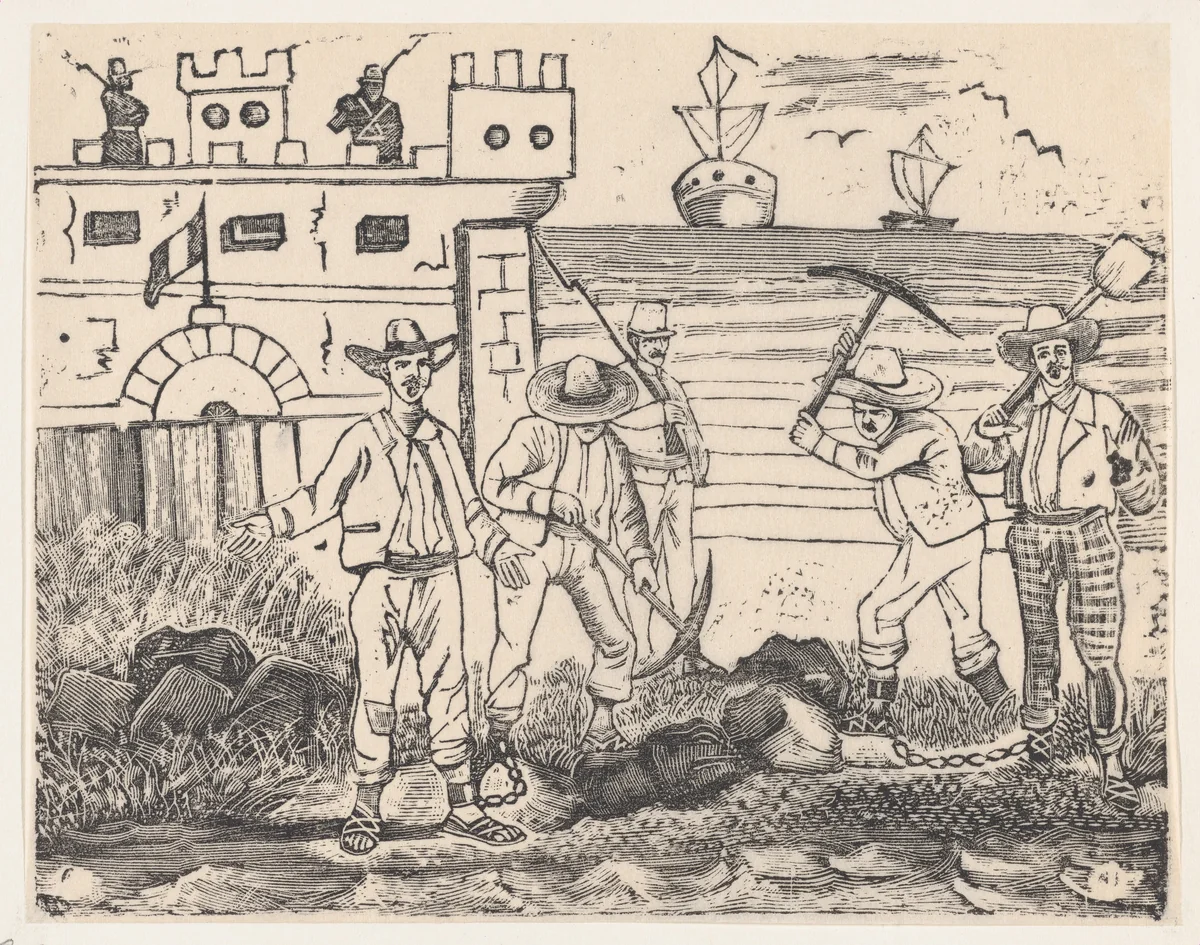 A group of prisoners engaged in manual labor, from a broadside entitled "Ultimas noticias de Gerardo Nevraumont y compañeros' by José Guadalupe Posada, print, 1892