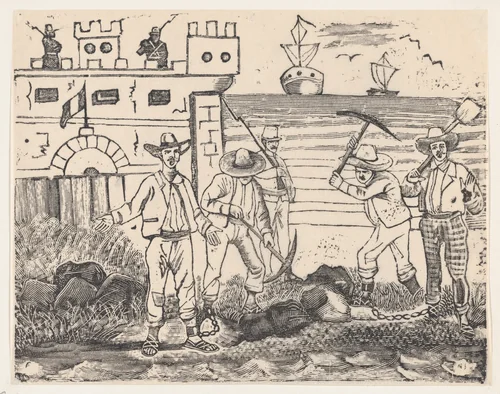 A group of prisoners engaged in manual labor, from a broadside entitled "Ultimas noticias de Gerardo Nevraumont y compañeros' by José Guadalupe Posada, print, 1892