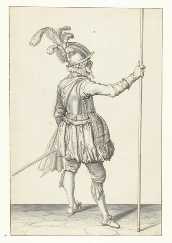 Soldaat, op de rug gezien, die zijn spies met zijn rechterhand rechtop vasthoudt by Jacques de Gheyn, drawing, 1596-1606