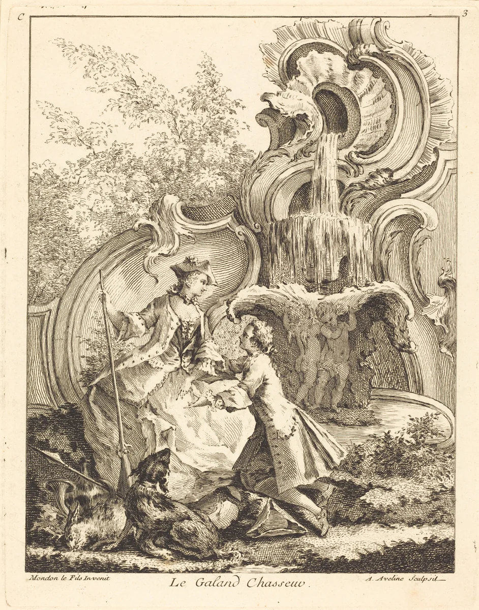 Le Galand Chasseur by Antoine Aveline, Jean Mondon, print, 1736