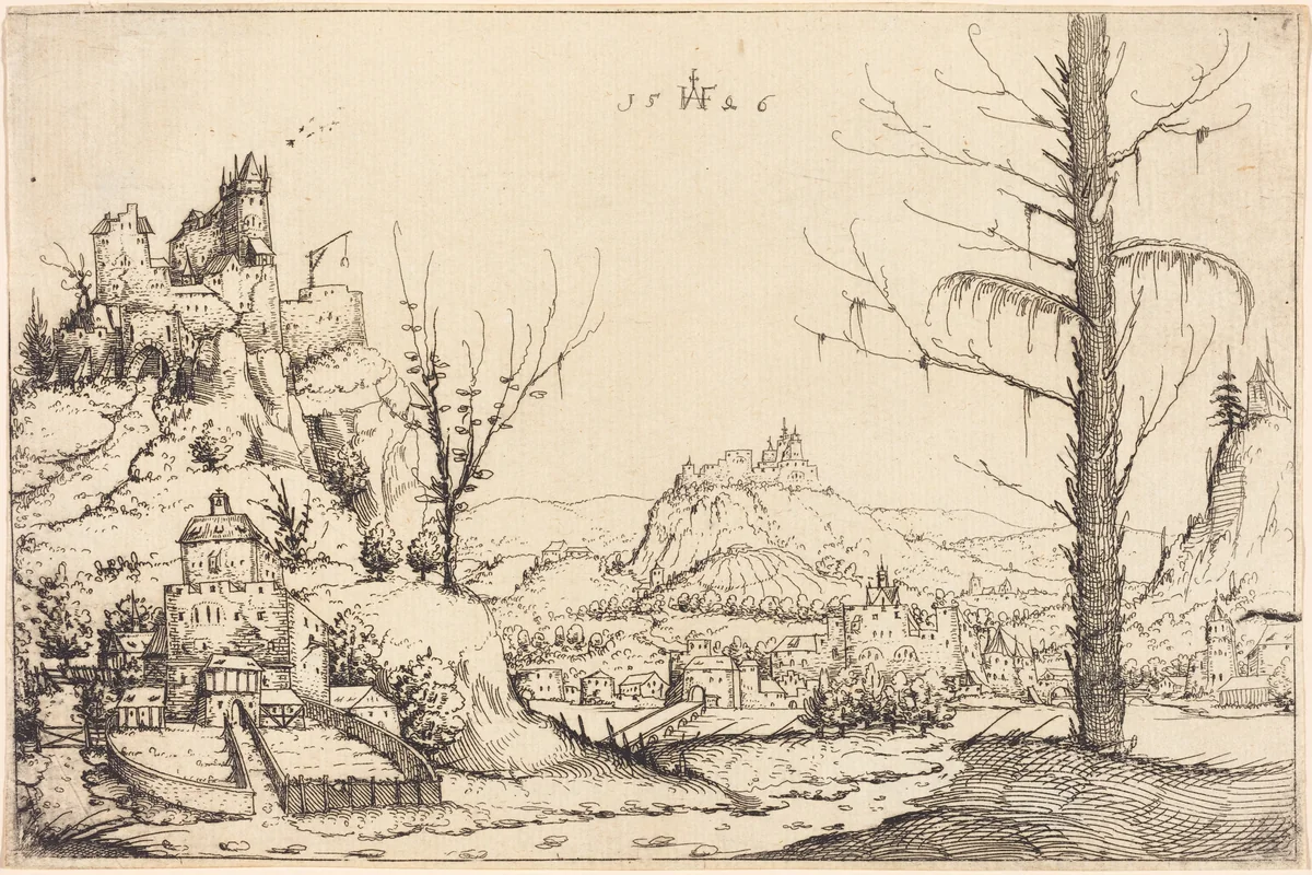 Landscape with High Cliffs, River, and City by Augustin Hirschvogel, print, 1546