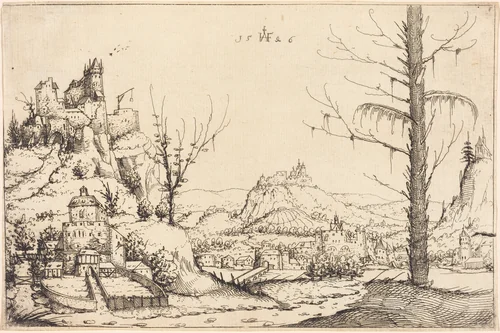 Landscape with High Cliffs, River, and City by Augustin Hirschvogel, print, 1546