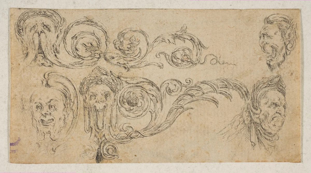 Plate 4: five grotesque heads, from "Friezes, foliage, and grotesques" (Frises, feuillages et grotesques) by Stefano della Bella, print, 1637-1648