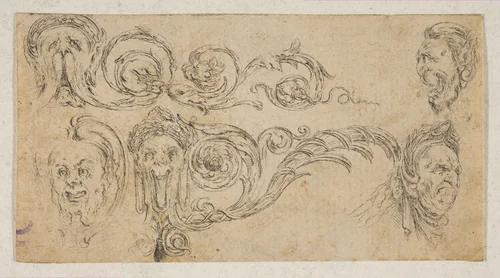 Plate 4: five grotesque heads, from "Friezes, foliage, and grotesques" (Frises, feuillages et grotesques) by Stefano della Bella, print, 1637-1648