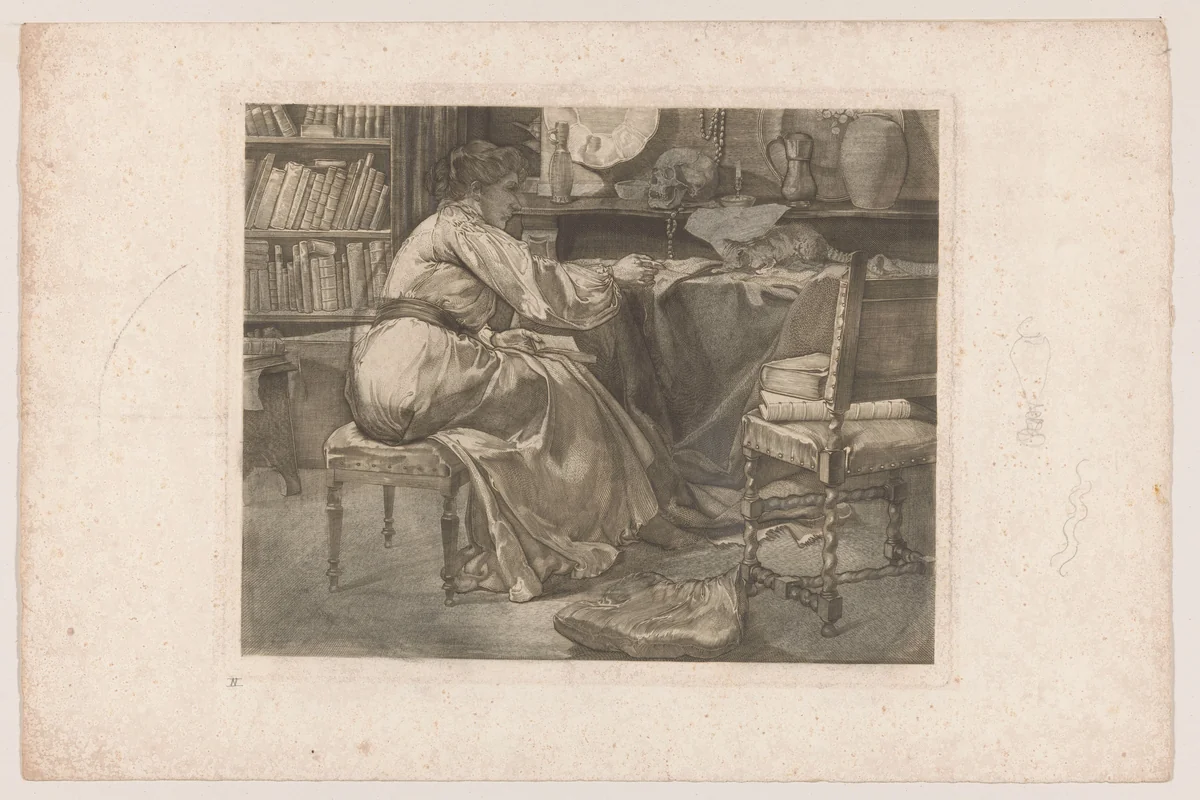 Vrouw en kat in atelier by Johannes Josephus Aarts, print, 1881-1934