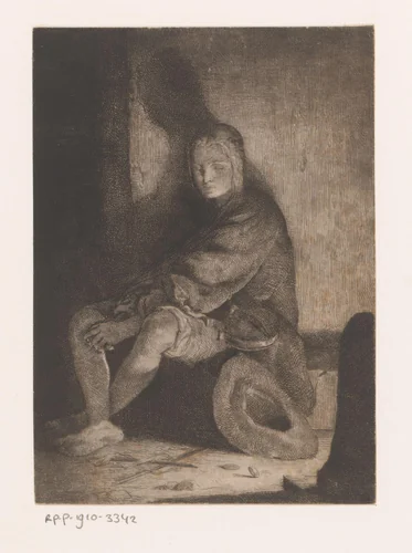 Jongeling met viool op schoot en de strijkstok gebroken op de grond by Louis Gallait, print, 1865