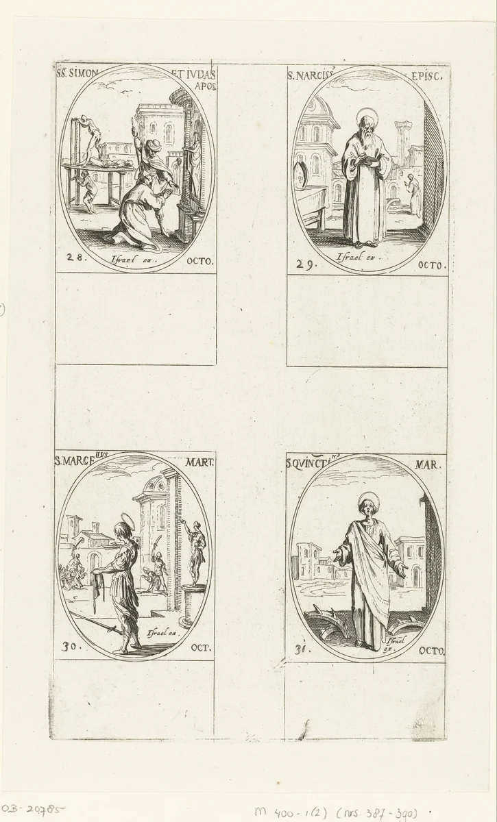 Heilige Simon de Zeloot en Heilige Judas Taddeüs, Heilige Narcissus van Gerona, Heilige Marcellus van Tanger, Heilige Quintinus van Saint-Quentin (28-31 oktober) by Jacques Callot, print, 1632-1636