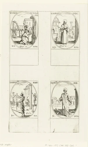 Heilige Simon de Zeloot en Heilige Judas Taddeüs, Heilige Narcissus van Gerona, Heilige Marcellus van Tanger, Heilige Quintinus van Saint-Quentin (28-31 oktober) by Jacques Callot, print, 1632-1636