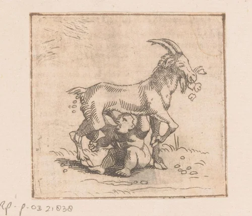 Kind drinkt uit de uier van een geit by Caspar Merian, print, 1516