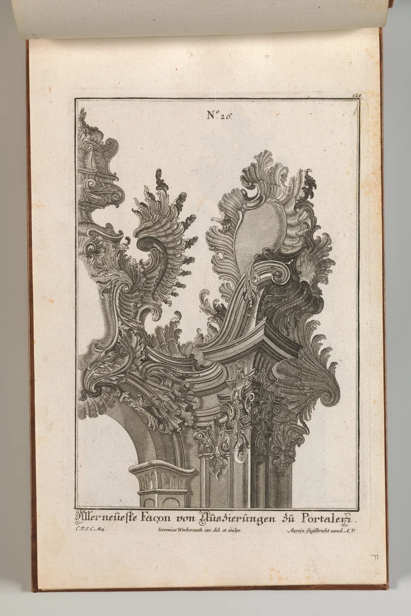 Suggestion for the Decoration of Top Right Side of Portal, Plate 1 from 'Allerneueste Façon von Auszierungen zu Portalen' by Jeremias Wachsmuth, book, 1745-1755