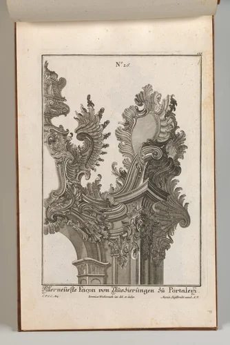 Suggestion for the Decoration of Top Right Side of Portal, Plate 1 from 'Allerneueste Façon von Auszierungen zu Portalen' by Jeremias Wachsmuth, book, 1745-1755